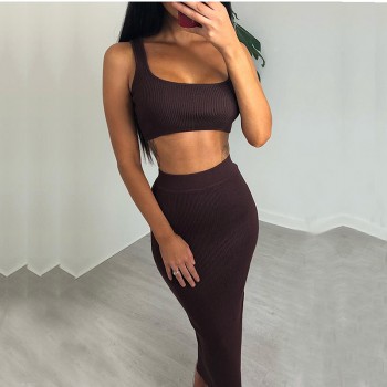 Two Piece Set 2 Piece Set Women Winter Ribbed Crop Top And Skirt